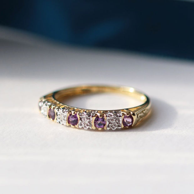 Classic Round Amethyst & Diamond Half Eternity Ring in 9ct Yellow Gold